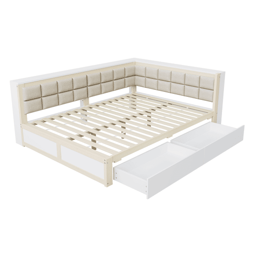 Sofá-cama em madeira 140 x 200 cm - cama multifuncional com encosto acolchoado e gaveta grande para arrumação - pinho cor de madeira
