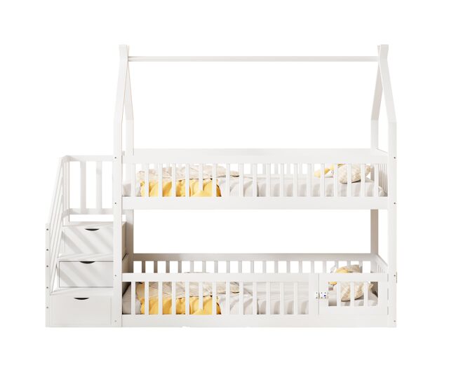 Cama litera infantil 90x200 - madera maciza con techo, escalera de seguridad y cajones de almacenamiento - blanco