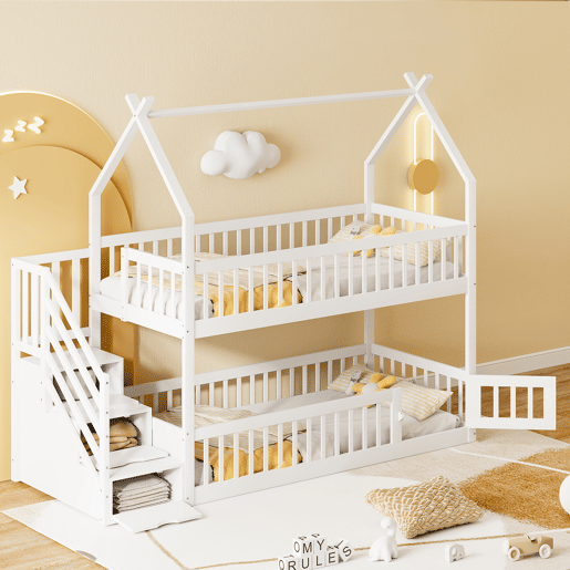 Cama beliche infantil 90x200 - madeira maciça com teto, escada de segurança e gavetas de arrumação - branco