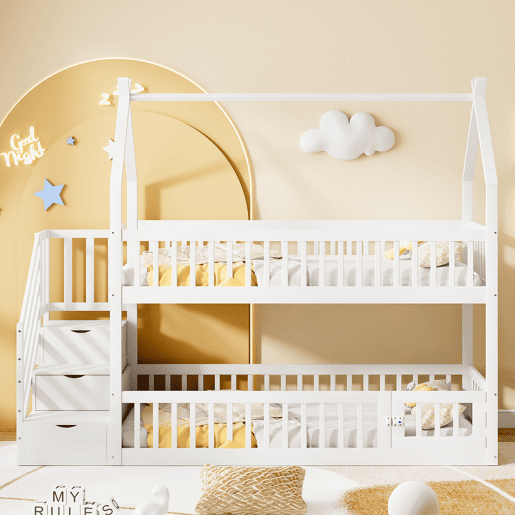 Cama beliche infantil 90x200 - madeira maciça com teto, escada de segurança e gavetas de arrumação - branco