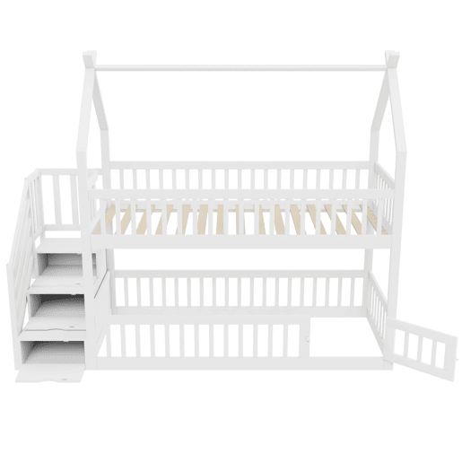 Cama beliche infantil 90x200 - madeira maciça com teto, escada de segurança e gavetas de arrumação - branco