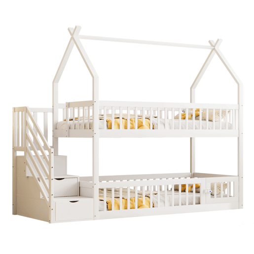 Cama beliche infantil 90x200 - madeira maciça com teto, escada de segurança e gavetas de arrumação - branco
