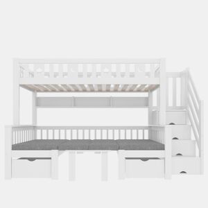 Cama alta multifuncional 90x200 cm - cama e secretária 2 em 1, escada com arrumação, corrimão decorativo com estrelas e lua - branco