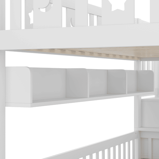 Cama alta multifuncional 90x200 cm - cama e secretária 2 em 1, escada com arrumação, corrimão decorativo com estrelas e lua - branco
