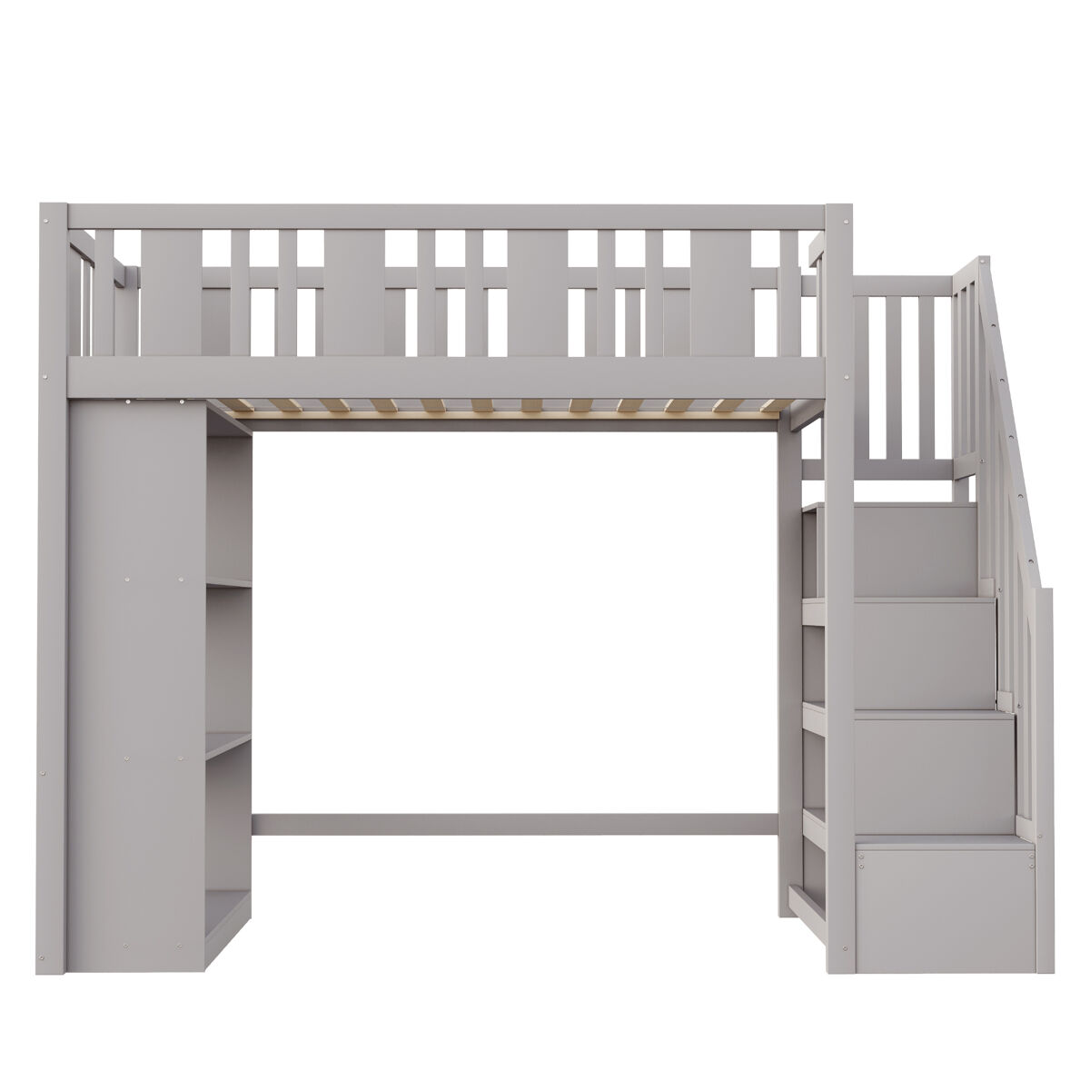Cama alta 90x200 cm - cama infantil con escalera de almacenamiento, múltiples compartimentos, cama funcional, cama juvenil, cama de madera - gris