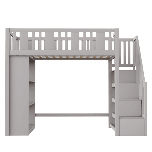 Cama alta 90x200 cm - Cama infantil com escada de arrumação, vários compartimentos, cama funcional, cama juvenil, cama de madeira - Cinza