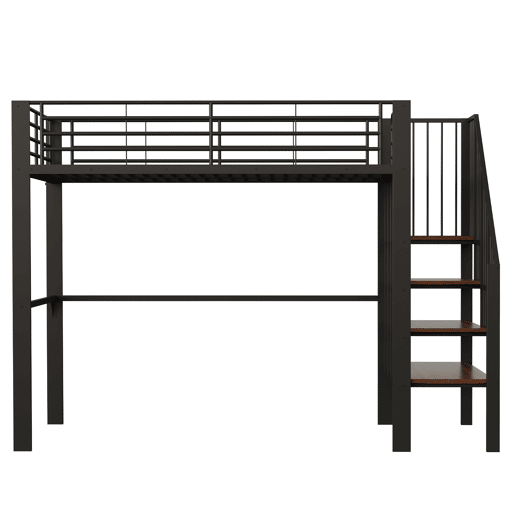 Cama alta de metal 140 x 200 cm - estrutura estável com amplo espaço de arrumação debaixo da cama e escada, ideal para crianças e adultos - preto