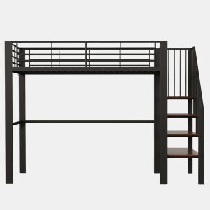 Cama alta de metal 140 x 200 cm - estrutura estável com amplo espaço de arrumação debaixo da cama e escada, ideal para crianças e adultos - preto