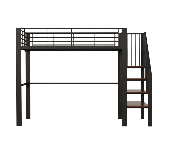 Cama alta metal 140 x 200 cm - estructura estable con amplio almacenamiento bajo la cama y escalera, ideal para niños y adultos - negro