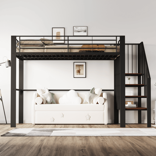 Cama alta de metal 140 x 200 cm - estrutura estável com amplo espaço de arrumação debaixo da cama e escada, ideal para crianças e adultos - preto