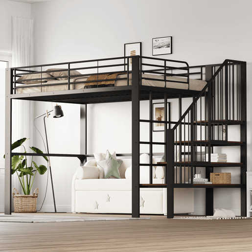 Cama alta de metal 140 x 200 cm - estrutura estável com amplo espaço de arrumação debaixo da cama e escada, ideal para crianças e adultos - preto