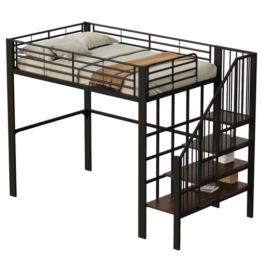 Cama alta de metal 140 x 200 cm - estrutura estável com amplo espaço de arrumação debaixo da cama e escada, ideal para crianças e adultos - preto