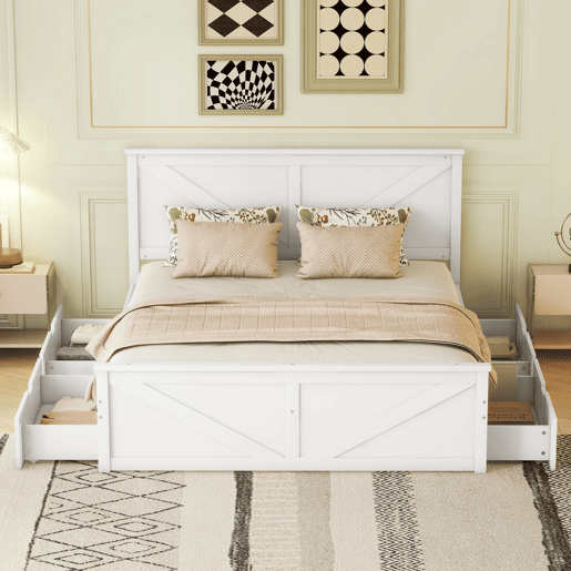 Cama de casal 160x200 cm - estrutura simples em madeira, 4 gavetas - branco