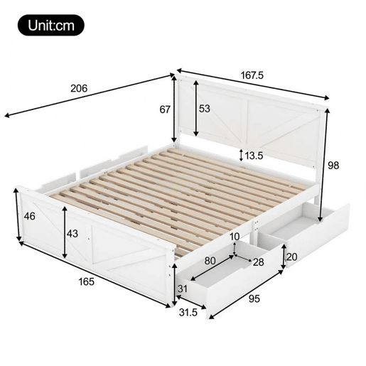 Cama de casal 160x200 cm - estrutura simples em madeira, 4 gavetas - branco