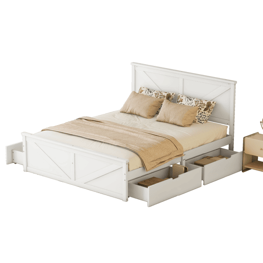 Cama de casal 160x200 cm - estrutura simples em madeira, 4 gavetas - branco