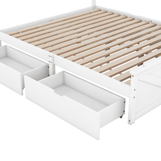 Cama de casal 160x200 cm - estrutura simples em madeira, 4 gavetas - branco