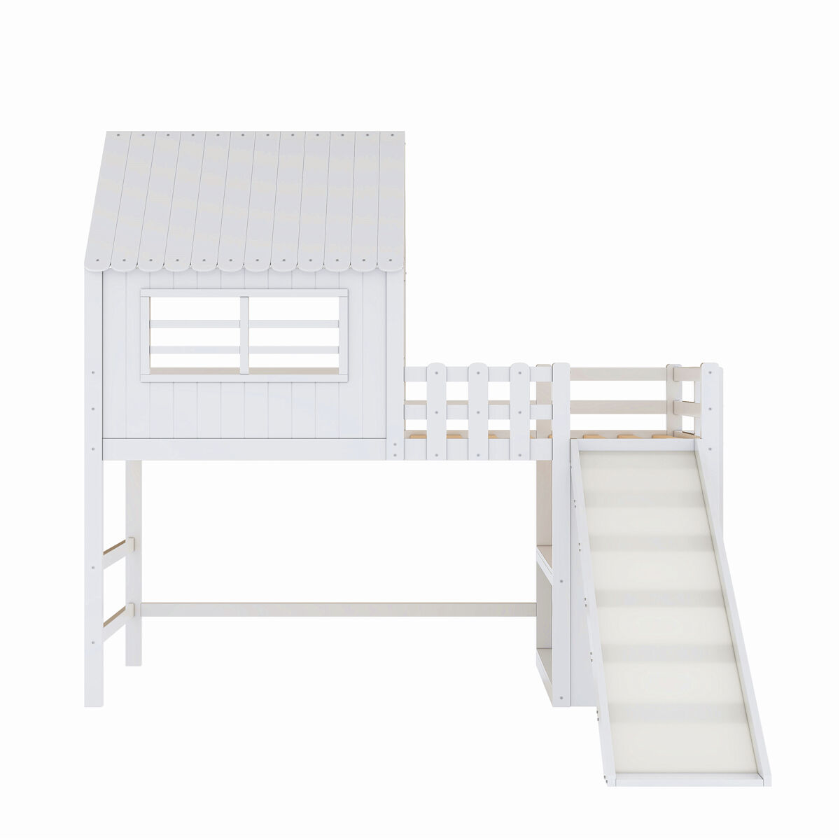 Cama alta infantil 90x200 cm - diseño ático, escalera y rampa de seguridad, estantes multifuncionales - madera maciza, blanco
