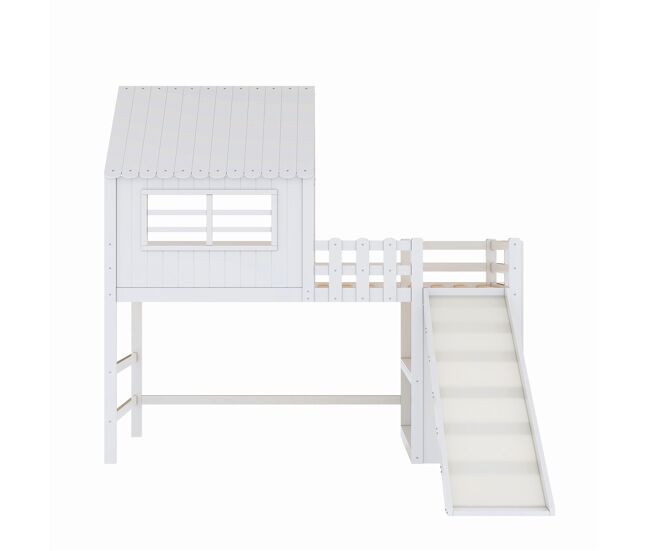 Cama alta infantil 90x200 cm - diseño ático, escalera y rampa de seguridad, estantes multifuncionales - madera maciza, blanco