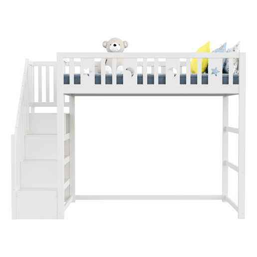 Cama alta infantil 90x200 - com escada, estrutura em madeira maciça, com corrimão de segurança, decoração com estrelas e lua - Branco