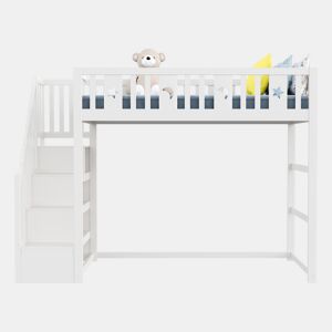 Cama alta infantil 90x200 - com escada, estrutura em madeira maciça, com corrimão de segurança, decoração com estrelas e lua - Branco