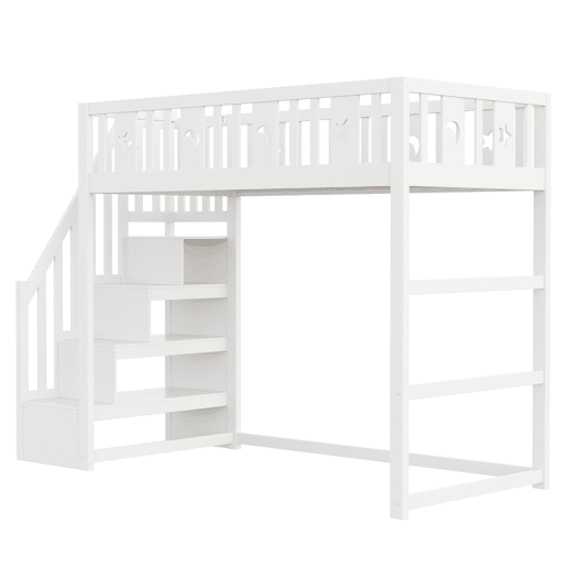 Cama alta infantil 90x200 - com escada, estrutura em madeira maciça, com corrimão de segurança, decoração com estrelas e lua - Branco