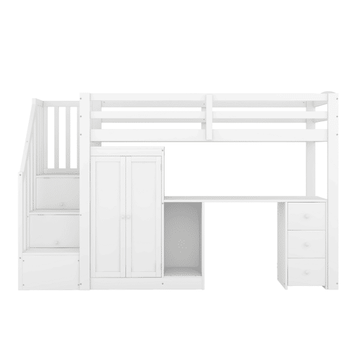 Cama alta 90x200 cm - Cama com estrado, armário, escada, secretária, gavetas - Branco