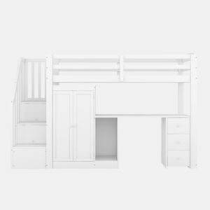 Cama alta 90x200 cm - Cama com estrado, armário, escada, secretária, gavetas - Branco