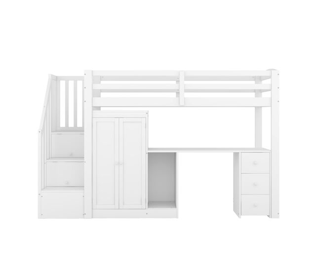 Cama alta 90x200 cm - con somier, sin colchón, con armario, escalera, escritorio y cajones - blanco