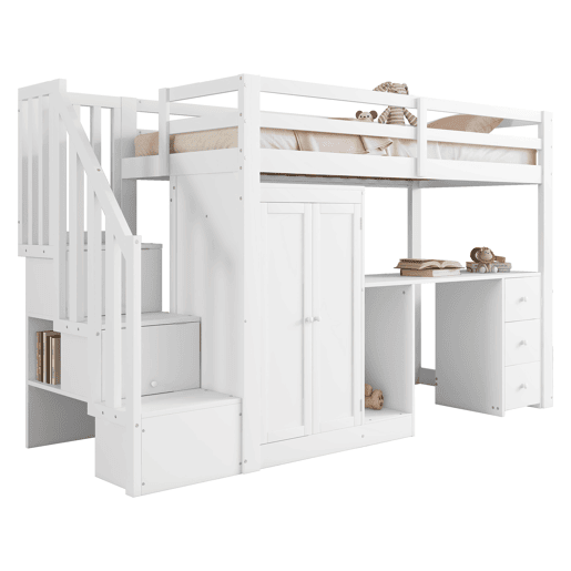 Cama alta 90x200 cm - Cama com estrado, armário, escada, secretária, gavetas - Branco