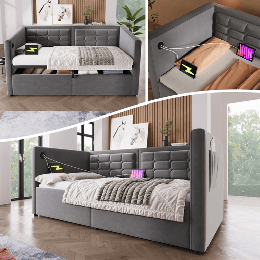 Sofá cama individual de veludo 90x190cm com armazenamento,cinzento
