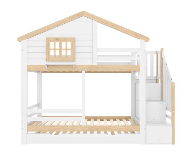 Litera 90x200 cm - barandilla, cama nido extraíble, escalera con almacenamiento, ventana, repisa en forma de casa - blanco y natural