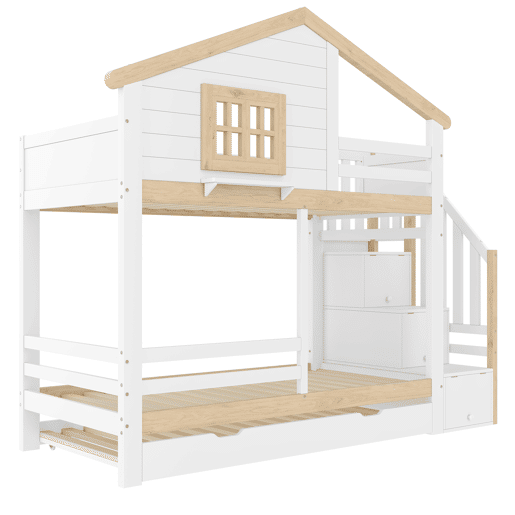 Litera 90x200 cm - grade, cama extra removível, escada com arrumação, janela, prateleira em forma de casa - branco e natural