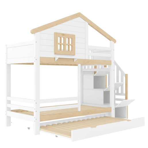 Litera 90x200 cm - grade, cama extra removível, escada com arrumação, janela, prateleira em forma de casa - branco e natural