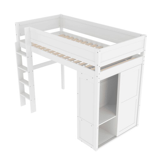 Cama alta 90x200cm - Cama infantil versátil, com armário, compartimento de arrumação, espaço por baixo, sem colchão - Branco