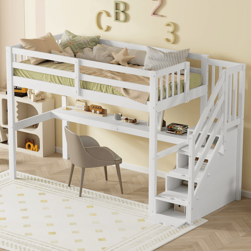 Cama alta 90x200 cm - Cama infantil com gavetas de arrumação e secretária debaixo da cama - Branco