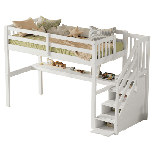 Cama alta 90x200 cm - Cama infantil com gavetas de arrumação e secretária debaixo da cama - Branco