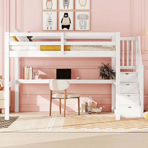 Cama alta 140x200 - Cama infantil com gavetas de arrumação e secretária por baixo - Branca