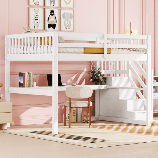 Cama alta 140x200 - Cama infantil com gavetas de arrumação e secretária por baixo - Branca