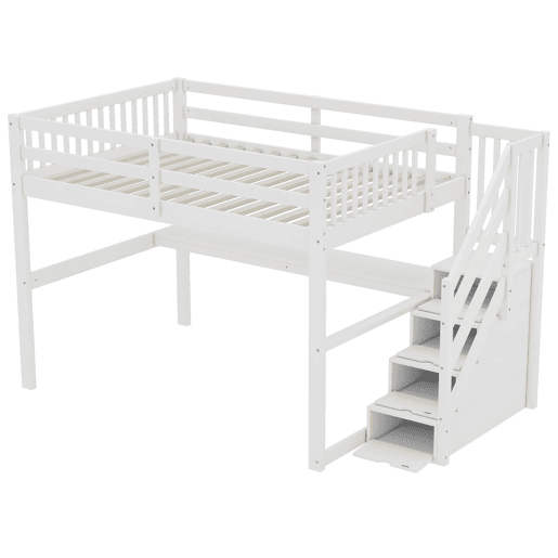 Cama alta 140x200 - Cama infantil com gavetas de arrumação e secretária por baixo - Branca