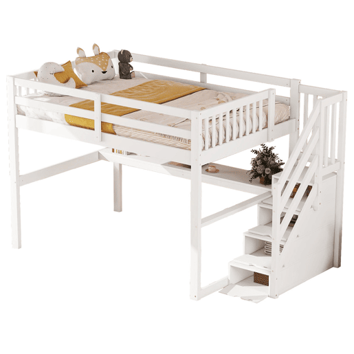 Cama alta 140x200 - Cama infantil com gavetas de arrumação e secretária por baixo - Branca