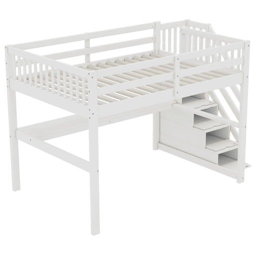 Cama alta 140x200 - Cama infantil com gavetas de arrumação e secretária por baixo - Branca