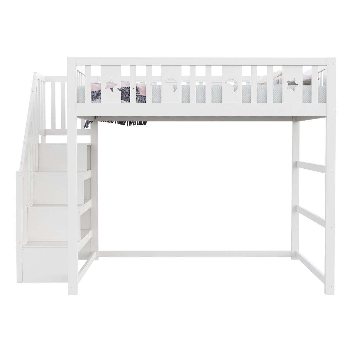 Cama alta infantil 140x200 - con escalera, cama de madera maciza con barandilla de seguridad, decoración de estrellas y luna - blanco