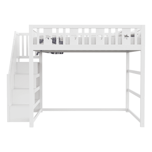 Cama alta infantil 140x200 - Com escada, cama de madeira maciça com grade de segurança, decoração de estrelas e lua - Branco