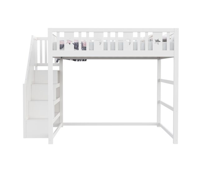 Cama alta infantil 140x200 - con escalera, cama de madera maciza con barandilla de seguridad, decoración de estrellas y luna - blanco