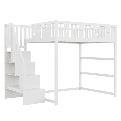 Cama alta infantil 140x200 - Com escada, cama de madeira maciça com grade de segurança, decoração de estrelas e lua - Branco