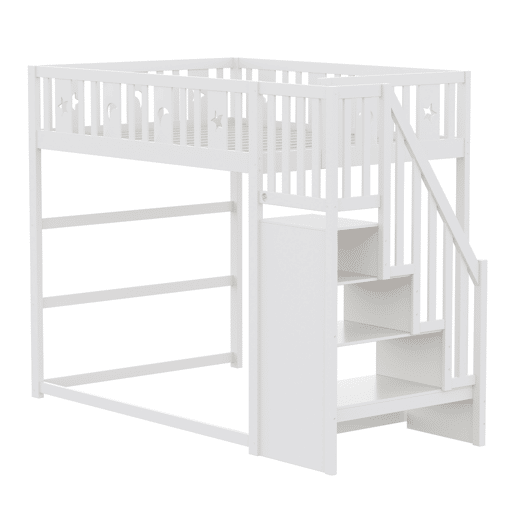 Cama alta infantil 140x200 - Com escada, cama de madeira maciça com grade de segurança, decoração de estrelas e lua - Branco