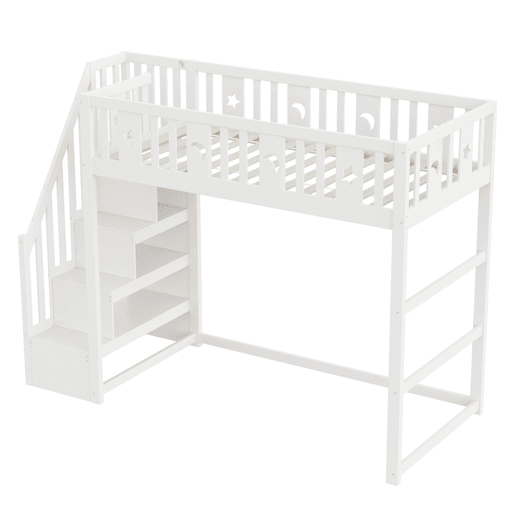 Cama alta infantil 140x200 - Com escada, cama de madeira maciça com grade de segurança, decoração de estrelas e lua - Branco