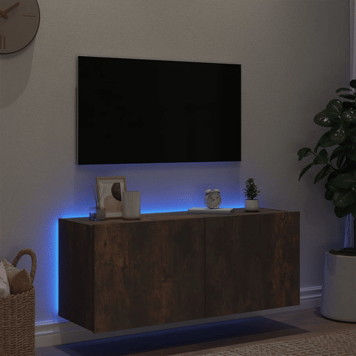 Móvel de parede p TV - Armário de TV c luzes LED 100x35x41 cm carvalho fumado