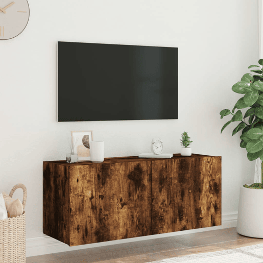Móvel de parede p TV - Armário de TV c luzes LED 100x35x41 cm carvalho fumado