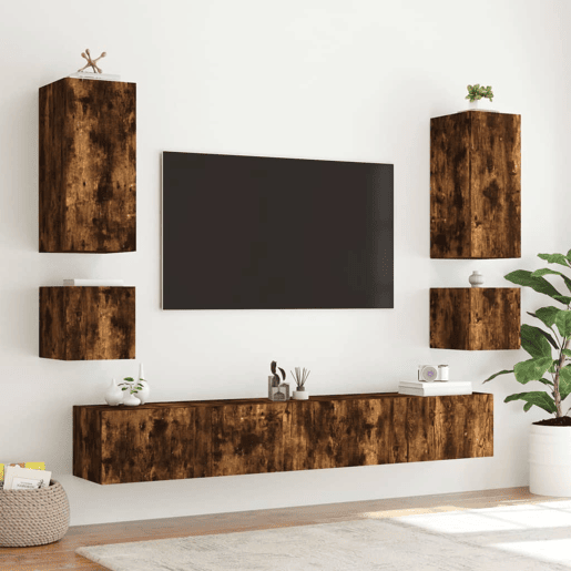 Móvel de parede p TV - Armário de TV c luzes LED 100x35x41 cm carvalho fumado